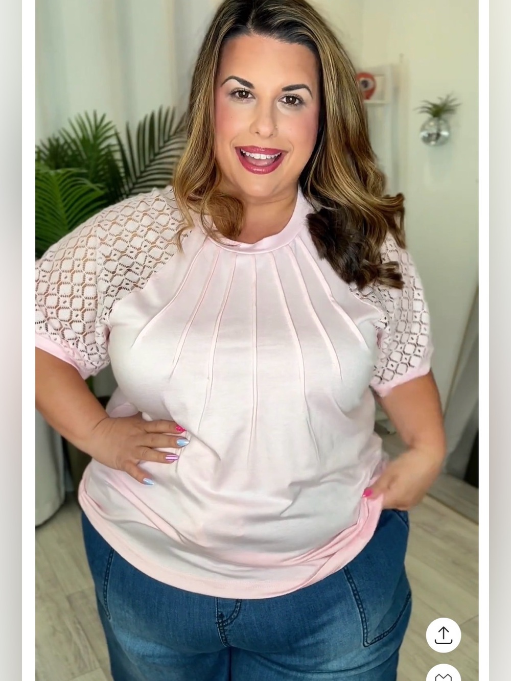 Plus Pink Lace Sleeve Pleated Knit Top